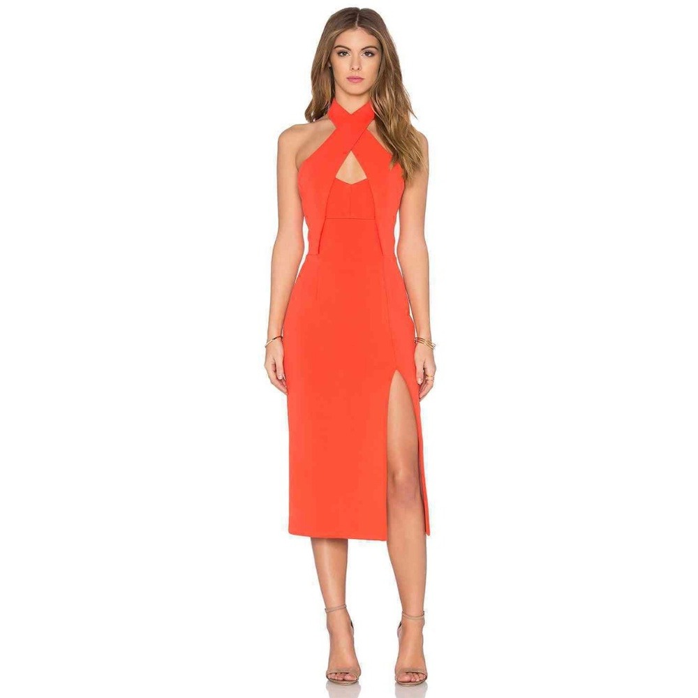 Nicholas Dress Womens Size 6 Orange Bandage Bustier Crisscross Halter Midi Slit